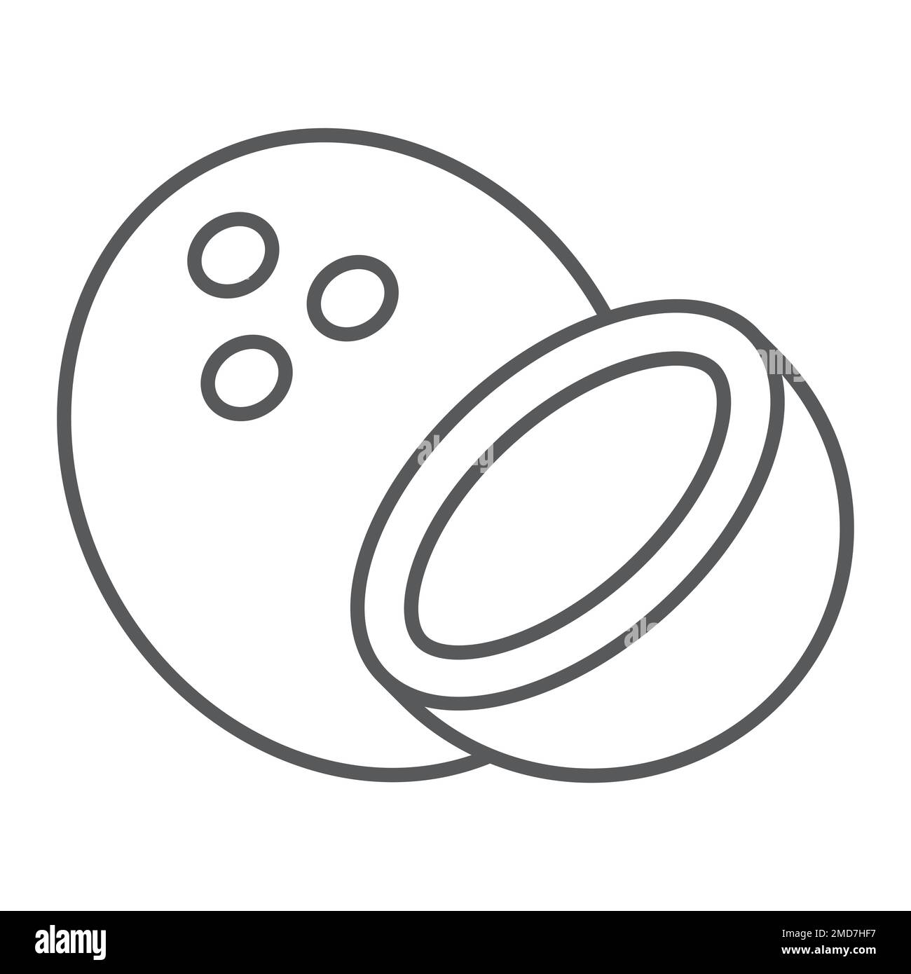 Dünne Kokosnusslinie, Obst und Kokos, tropisches Zeichen, Vektorgrafiken, lineares Muster auf weißem Hintergrund, eps 10. Stock Vektor