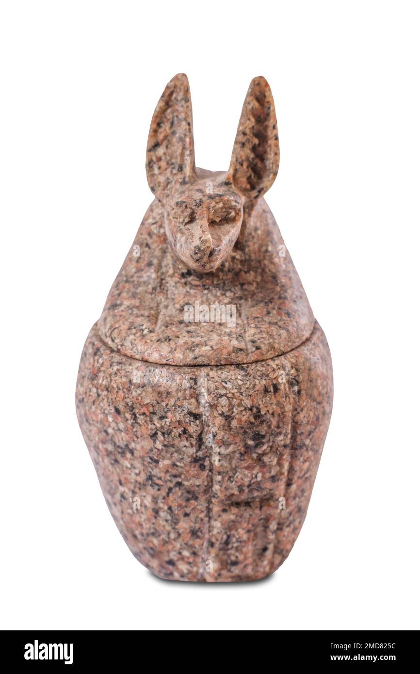 Reproduktion des Kanopischen Gefäßes. Duamutef, der Schakalkopf aus Assuan rotem Granit Stockfoto