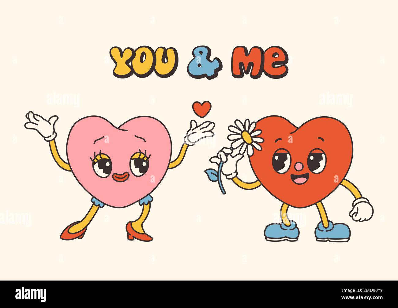 Retro Groovy Valentinstag Charaktere mit Slogans über Liebe. Trendiger 70s-Cartoon-Style. Karte, Postkarte, Druckvektor Stock Vektor