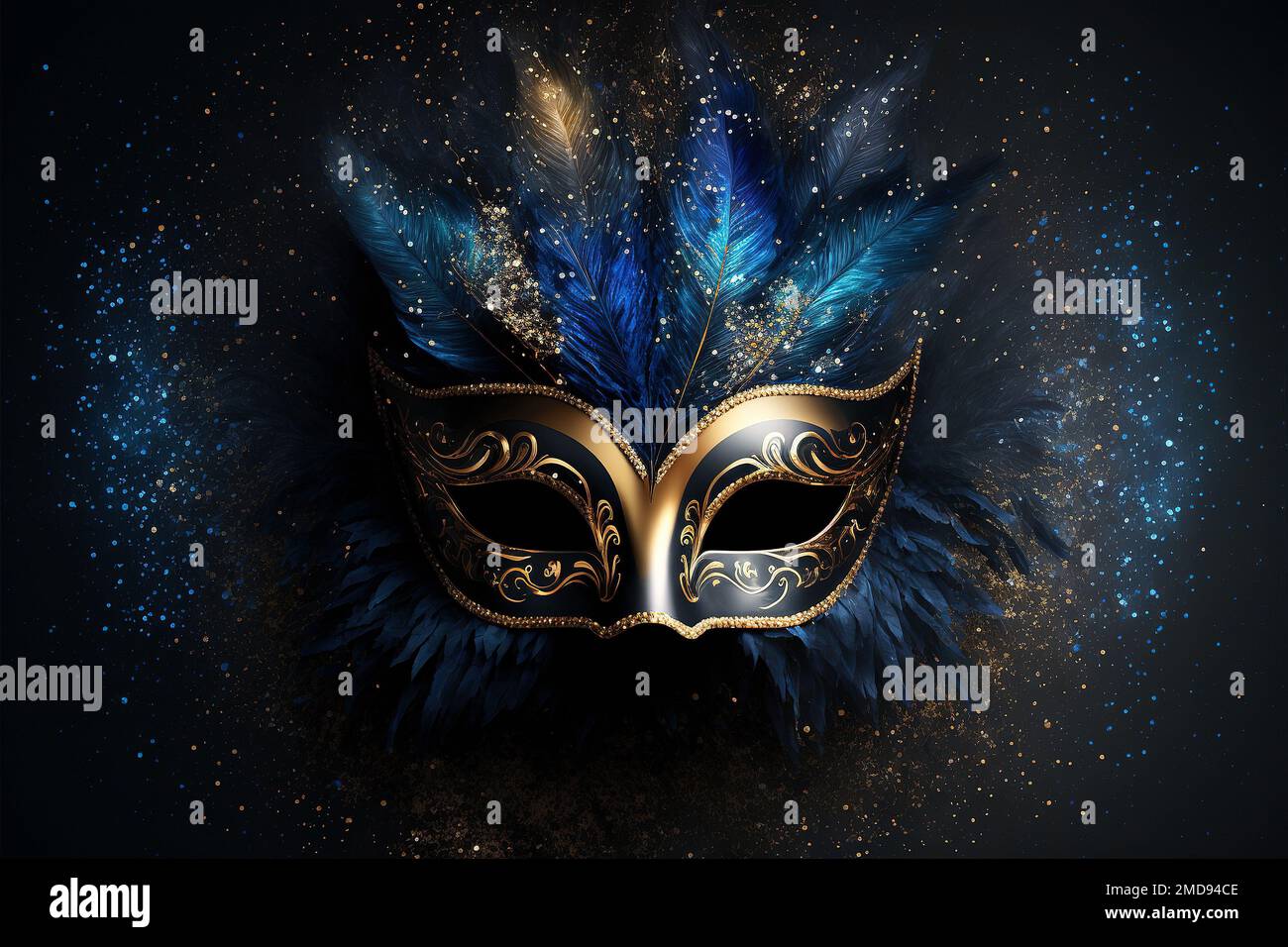 Luxuriöse blaue und goldene Karnevalsmaske für Venedig Karneval. Venezianisches Maskenkostüm. Generative KI. Stockfoto