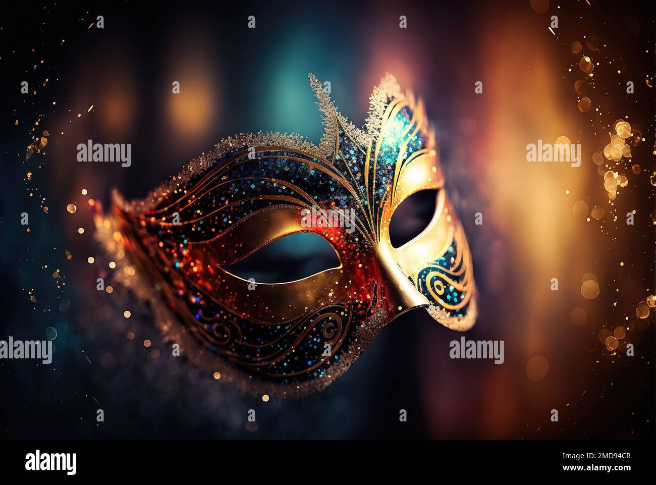 Farbenfrohe Maske für Venedig Karneval mit abstraktem verschwommenem bunten Hintergrund. Venezianisches Maskenkostüm. Generative KI. Stockfoto