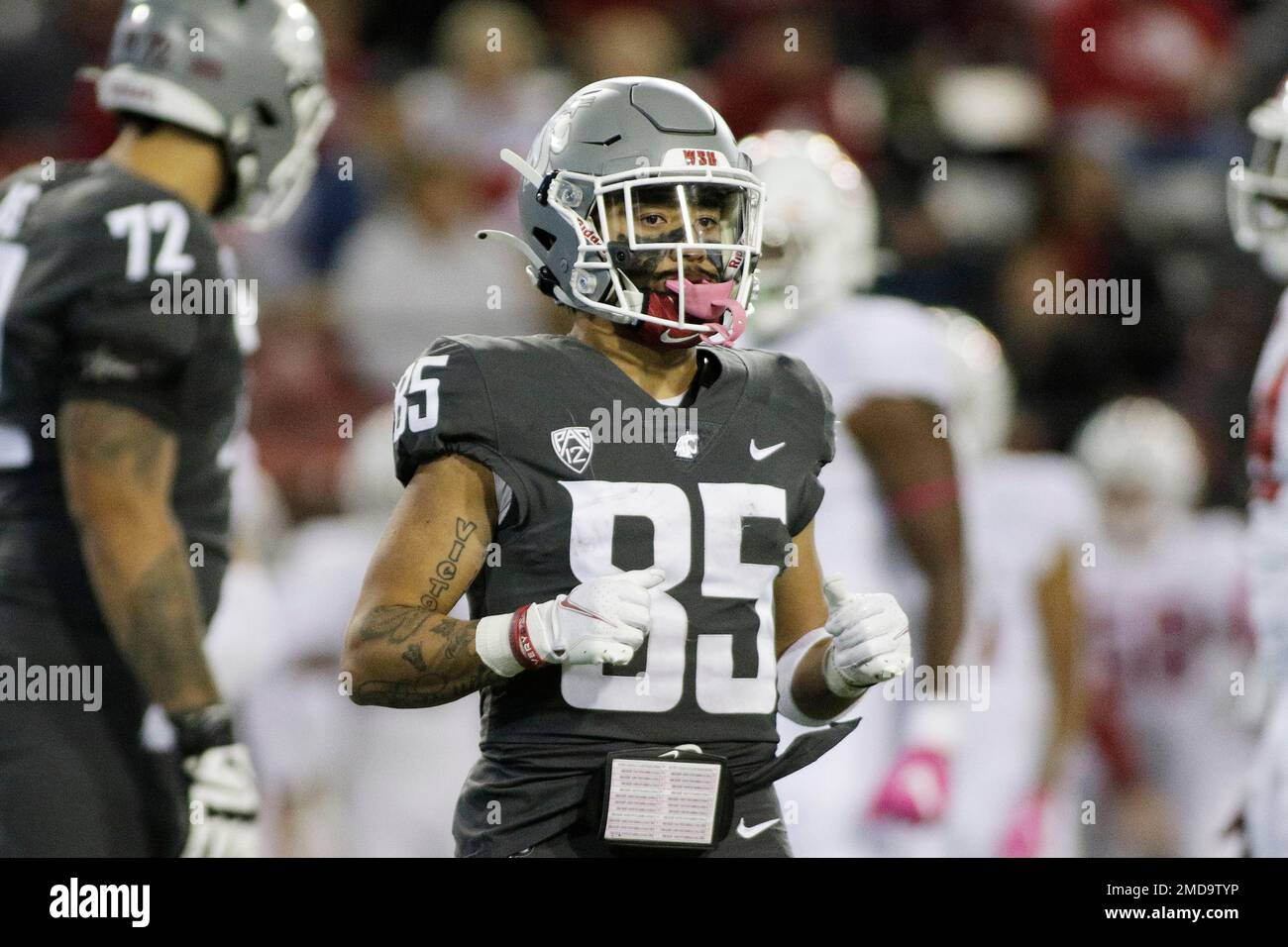 Washington State wide receiver Lincoln Victor jogs on the field during the second half of an NCAA college football game against Stanford, Saturday, Oct. 16, 2021, in Pullman, Wash.(AP Photo/Young Kwak) Stockfoto