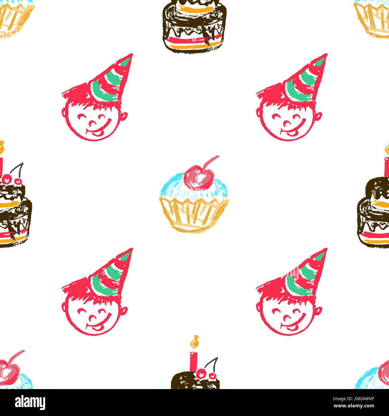 Festliches, nahtloses Muster. Kinderzeichnungen mit Wachsstiften. Geburtstag, Feiertag. Druck für Stoffdesign, Textil, Stoff, Tapete, Verpackung Stock Vektor