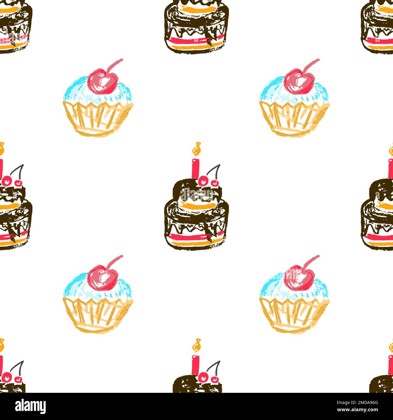 Festliches, nahtloses Muster. Kinderzeichnungen mit Wachsstiften. Geburtstag, Feiertag. Druck für Stoffdesign, Textil, Stoff, Tapete Stock Vektor