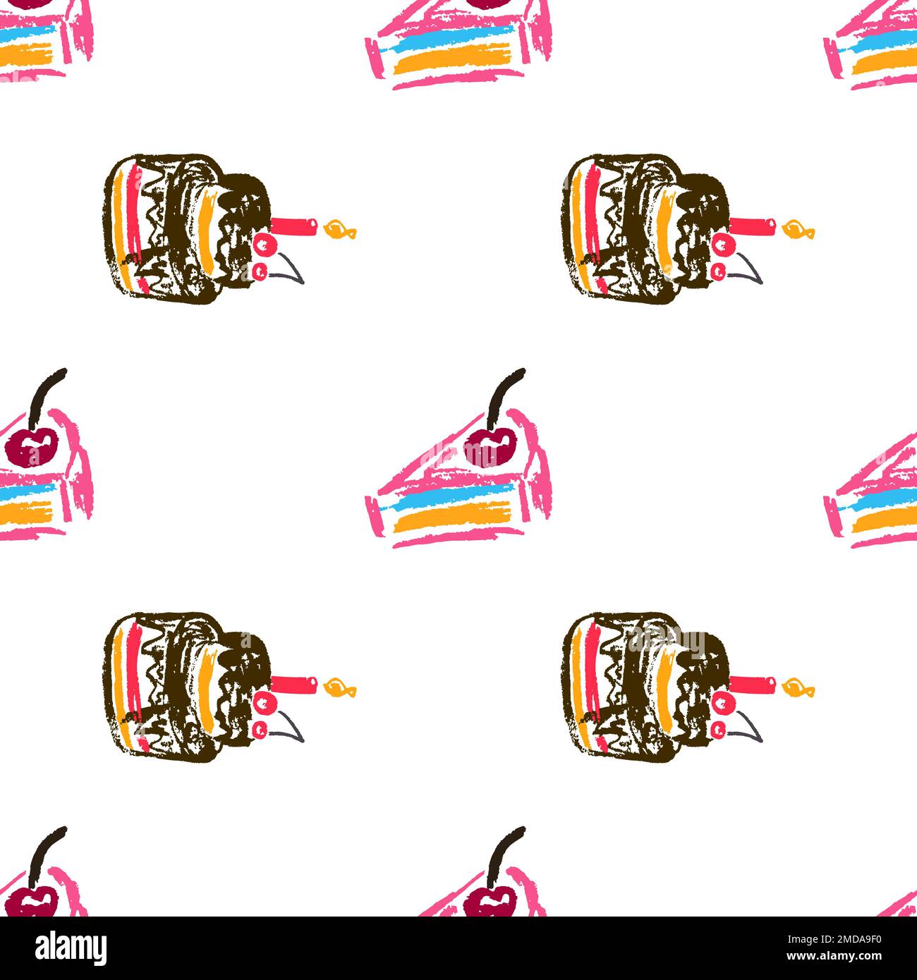 Festliches, nahtloses Muster. Geburtstag, Feiertag. Kinderzeichnungen mit Wachsstiften. Druck für Stoffdesign, Textil, Stoff, Tapete Stock Vektor