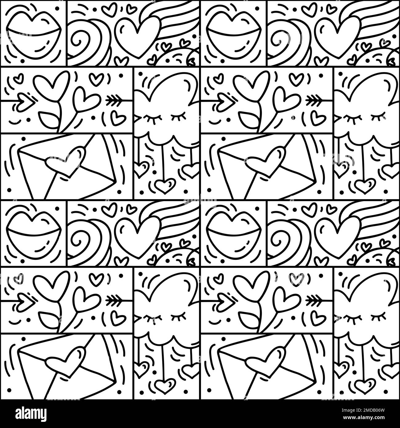 Vektor des Valentinslogo Nahtloses Muster Liebe, Lippen, Herz und Wolke. Handgezeichneter Monolin-Konstrukteur für eine romantische Grußkarte Stock Vektor