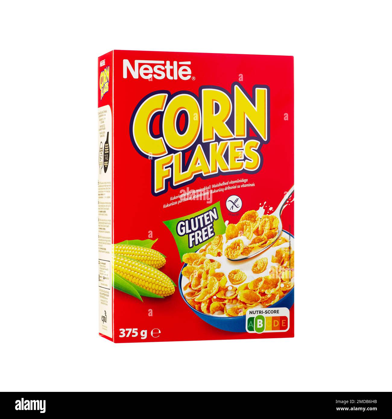 Tallinn, Estland - Januar 2023. Nestle Corn Flakes Frühstückscerealien. Rote Schachtel mit beliebten Frühstücksflocken. Stockfoto