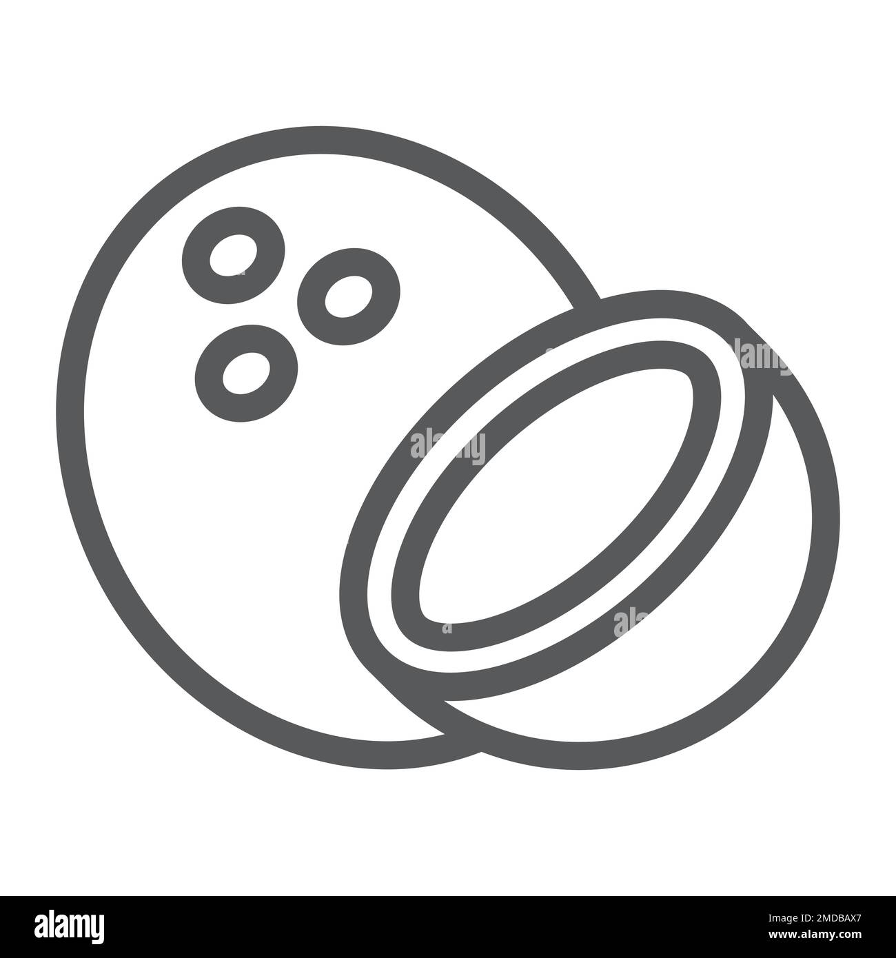 Kokosnussliniensymbol, Obst und Kokos, tropisches Zeichen, Vektorgrafiken, lineares Muster auf weißem Hintergrund, eps 10. Stock Vektor