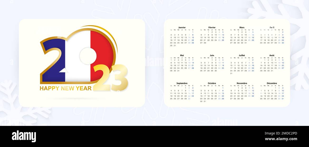Horizontaler Taschenkalender 2023 in französischer Sprache. Symbolik Neujahr 2023 mit französischer Flagge. Vektorkalender. Stock Vektor