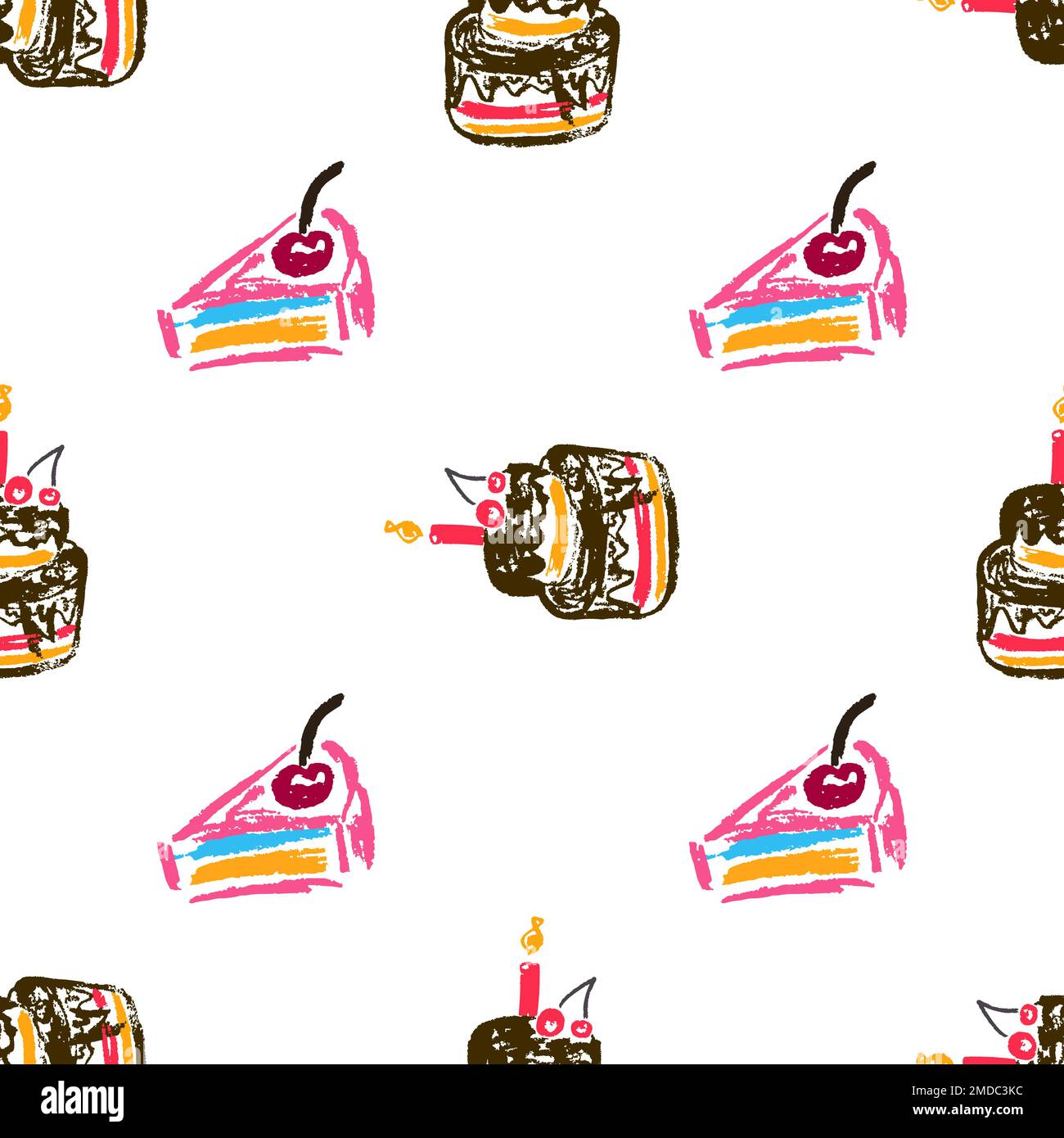 Festliches, nahtloses Muster. Geburtstag, Feiertag. Kinderzeichnungen mit Wachsstiften. Druck für Stoffdesign, Textil, Stoff, Tapete, Verpackung Stock Vektor