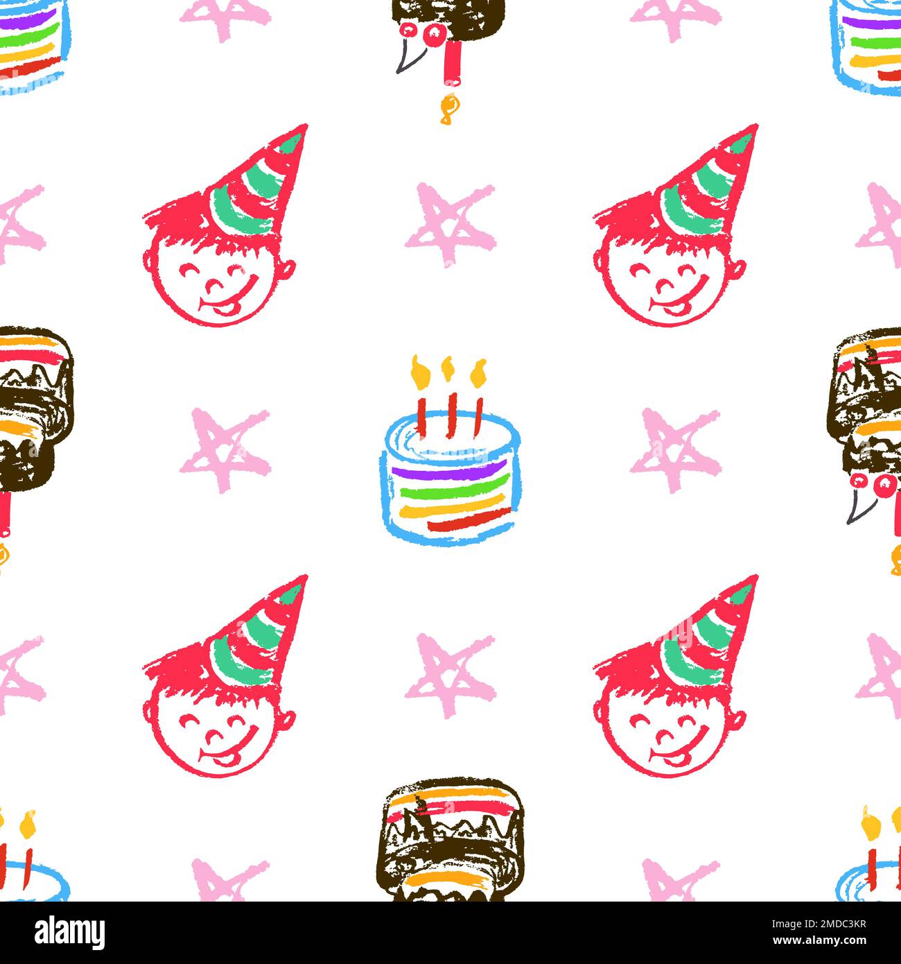 Festliches, nahtloses Muster. Kinderzeichnungen mit Wachsstiften. Geburtstag Stock Vektor