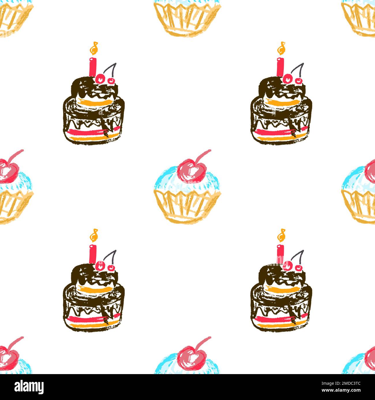 Festliches, nahtloses Muster. Kinderzeichnungen mit Wachsstiften. Geburtstag, Feiertag. Druck für Stoffdesign, Textil, Stoff Stock Vektor