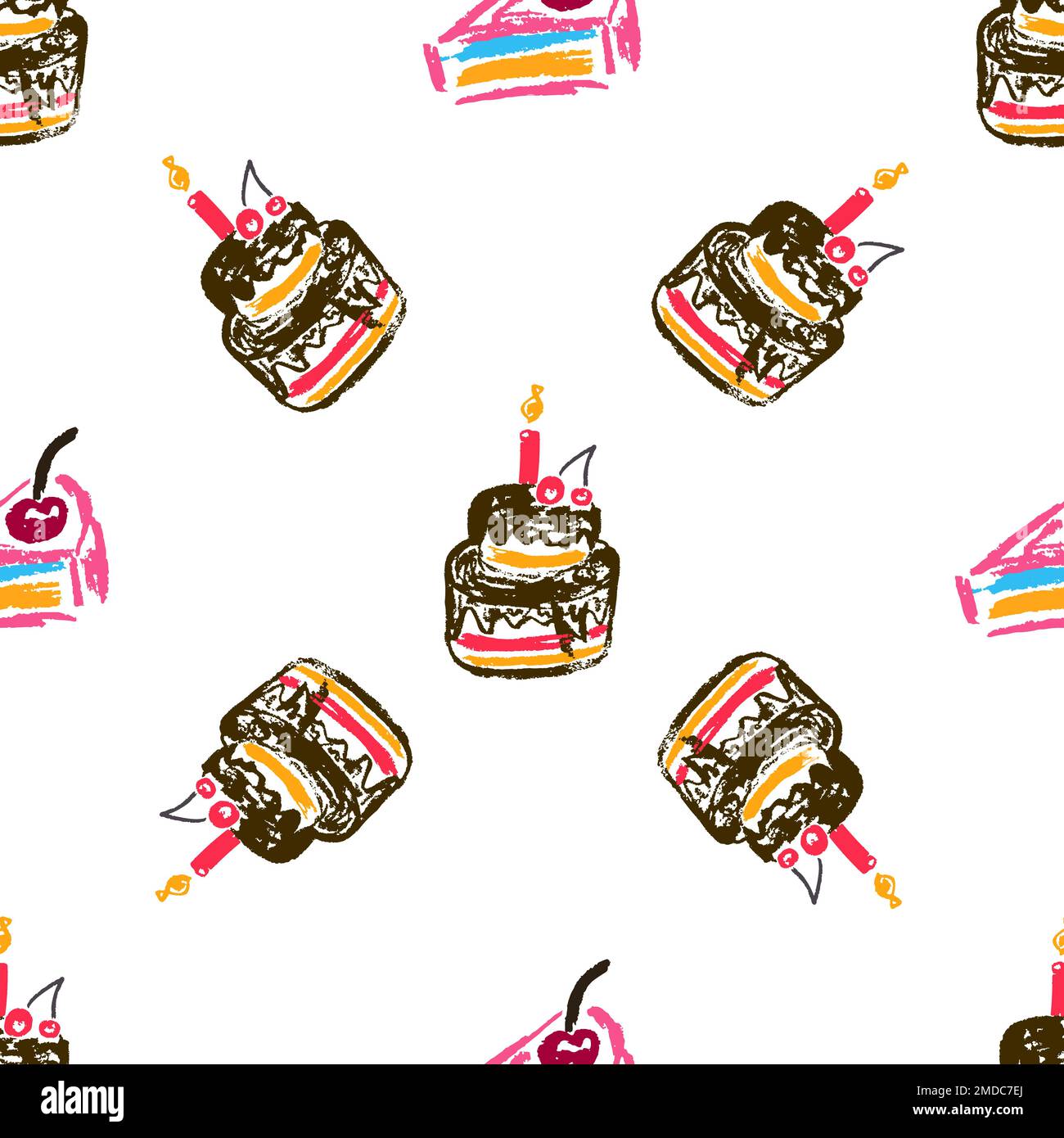 Festliches, nahtloses Muster. Geburtstag, Feiertag. Kinderzeichnungen mit Wachsstiften. Drucken für Textildesign Stock Vektor