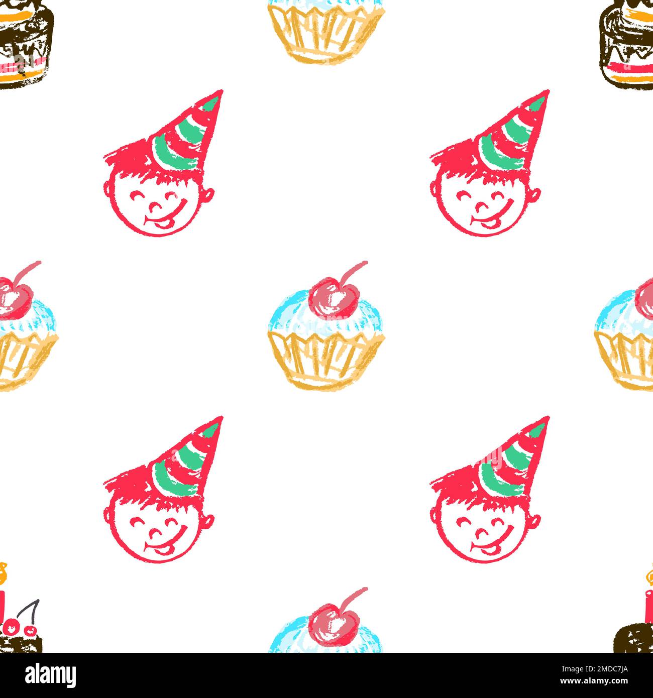 Festliches, nahtloses Muster. Geburtstag, Feiertag. Kinderzeichnungen mit Wachsstiften. Druck für Textildesign, Textil, Stoff, Tapete, Geschenkpapier Stock Vektor