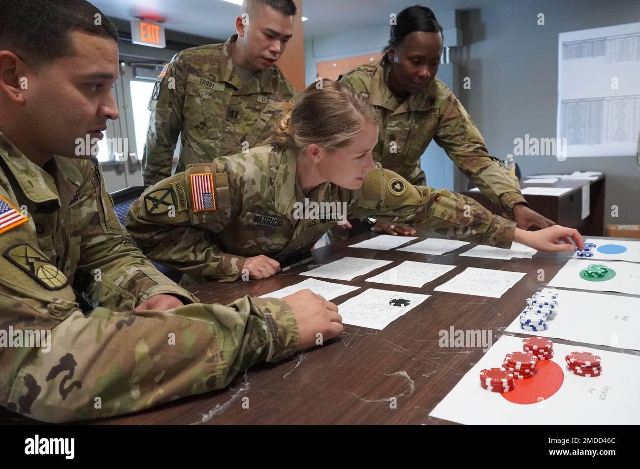 Vertreter des 469. Combat Support Sustainment Battalion, das die Verwaltung für die Mobilisierung von Soldaten beaufsichtigt, berechnen den Einheitendurchsatz während der Level 1 Mobilisation Tabletop Übung, 16.-17. Juli 2022, Fort McCoy, Wisconsin. Die Mobilisation Force Generation Installation der 88. Readiness Division hielt den TTX dazu an, die Befähiger der Mobilisation Support Force Einheiten zu testen, um den Soldier-Durchsatz in der Verwaltung, Medizin und Ausbildung zu bewältigen. Jede MSF-Abteilung verfügt über vielfältige und dynamische Fähigkeiten, die für den Erfolg der MFGI als Mobilisierungsplattform entscheidend sind. Die MSF-Einheiten stellen die Vermögenswerte für tr Stockfoto