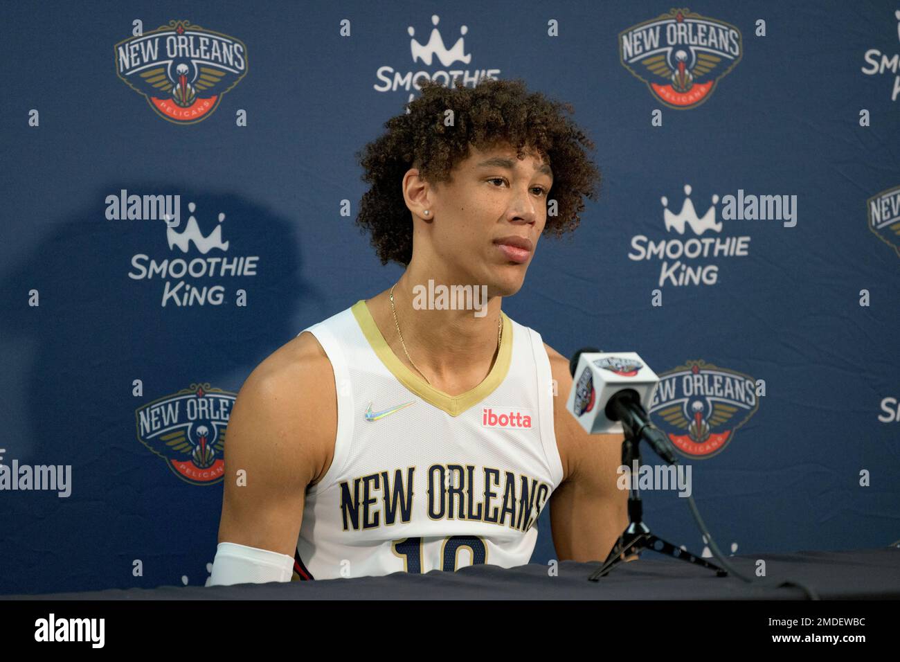 New Orleans Pelicans center Jaxson Hayes appears during NBA Media Day in New Orleans, Monday, Sept. 27, 2021. (AP Photo/Matthew Hinton) Stockfoto
