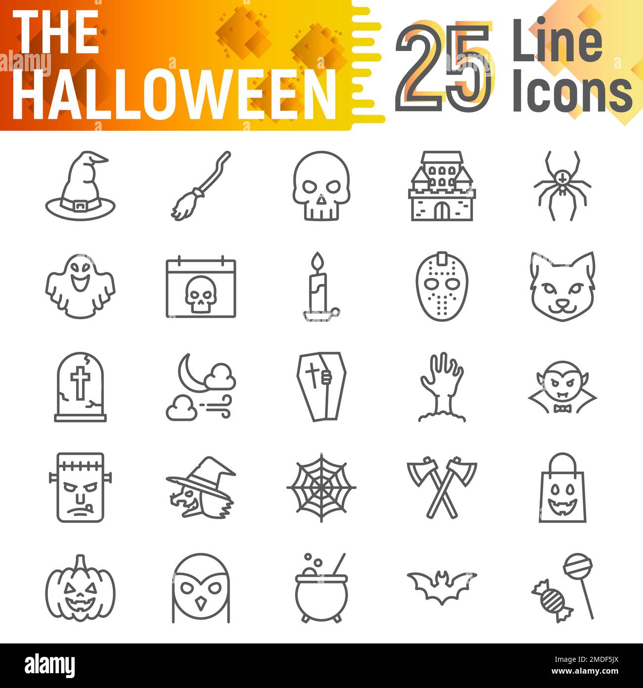 Halloween-Linien-Symbolsatz, gruselige Symbolsammlung, Vektorskizzen, Logo-Illustrationen, Horrorzeichen lineares Piktogramm-Paket isoliert auf weißem Hintergrund, Stock Vektor
