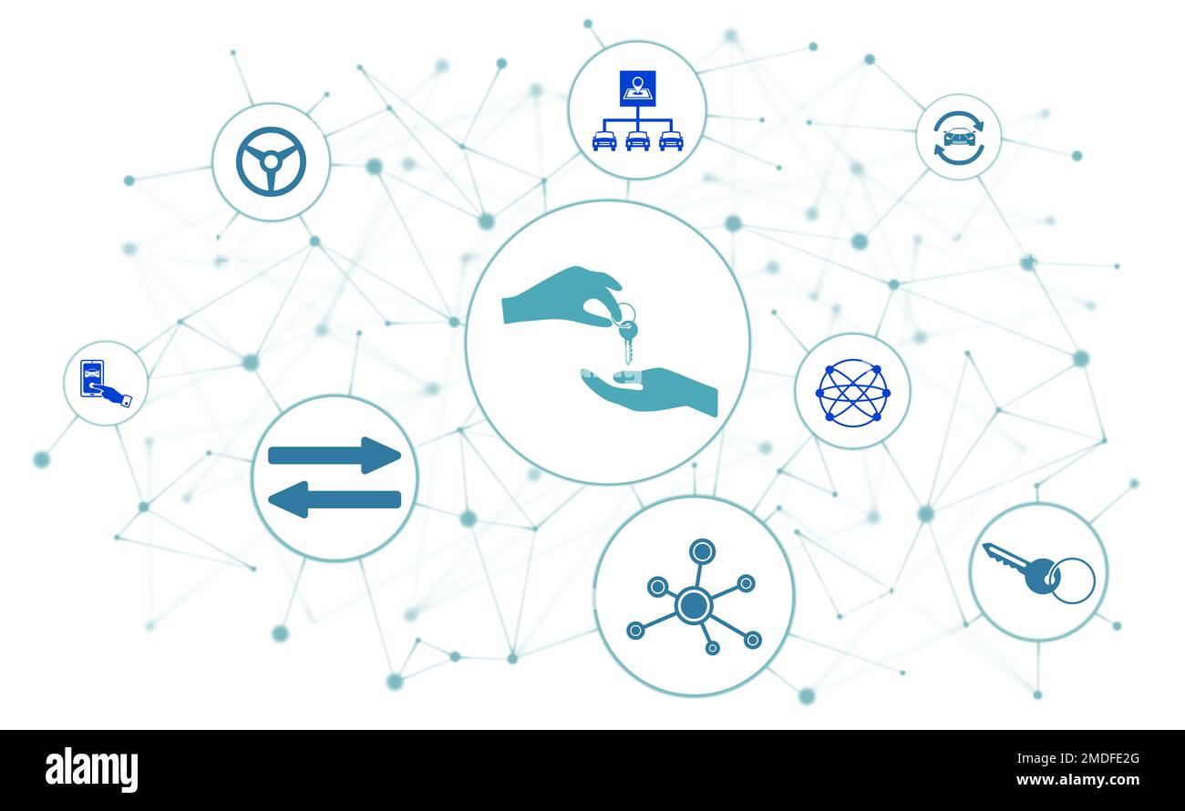 Konzept des Carsharing mit verbundenen Symbolen Stockfoto