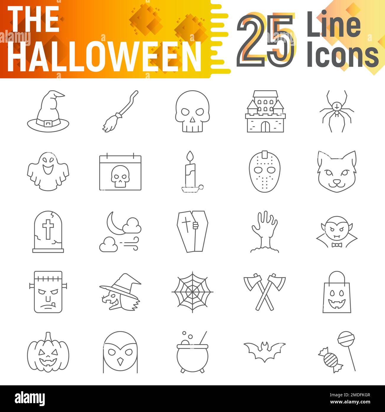 Halloween dünne Linien Symbolsatz, gruselige Symbolsammlung, Vektorskizzen, Logo Illustrationen, Horrorzeichen lineares Piktogramm Paket isoliert auf weißem Hintergrund, eps 10. Stock Vektor
