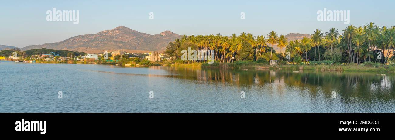 See in Puttaparthi, Hintergrundpalmen und Berge am Nachmittag Stockfoto