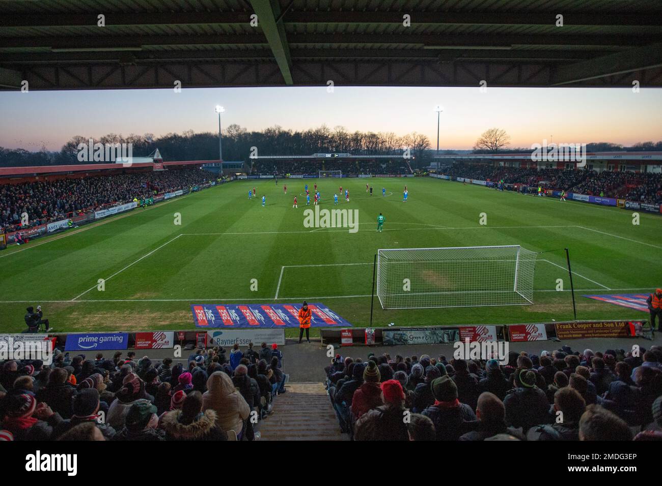 Allgemeiner Blick auf das Lamex Stadium des Stevenage Football Clubs während des Spiels. Stockfoto