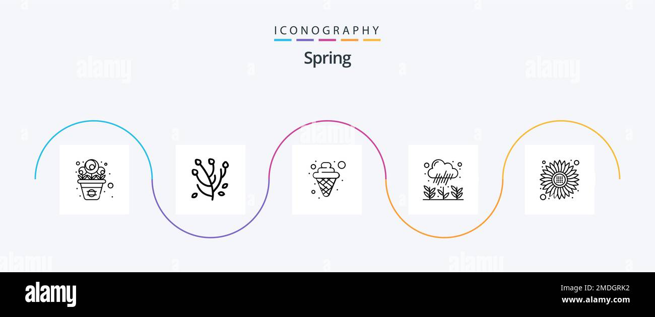 Spring Line 5 Icon Pack mit Sonnenblumen. Blume. Creme. Regen. Wachstum Stock Vektor