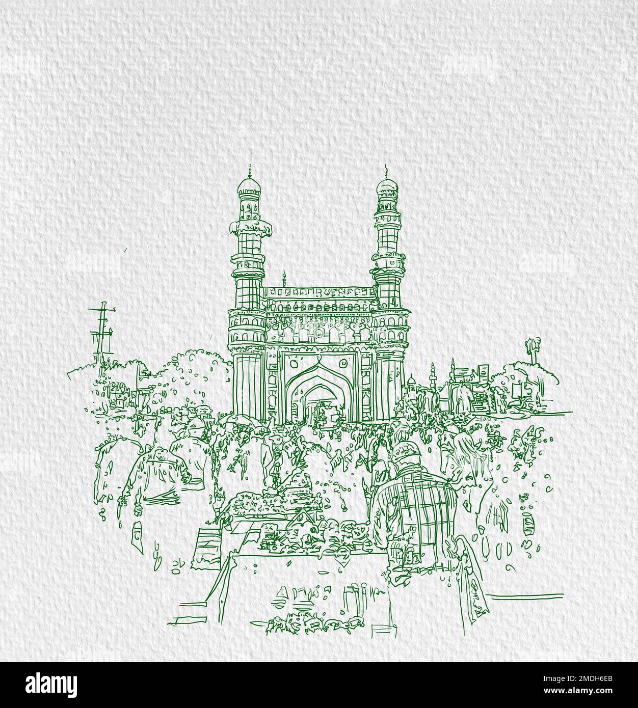 Charminar Hyderabad India, Illustration oder Skizze, handgezeichnete Illustration, asiatische Illustration, Hyderabad City Line Art Illustration, HYDERABAD City City . Stockfoto