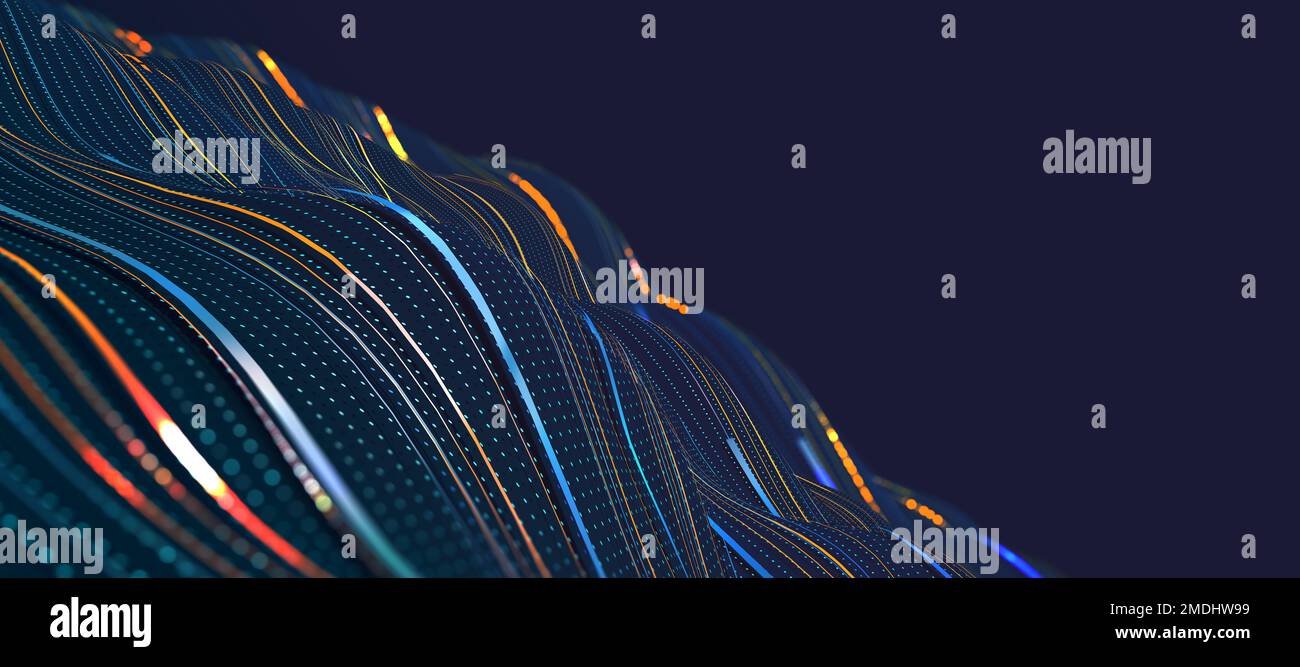 Big-Data-Digitalband. Innovative Technologie. Wellenförmiges Datenfeld, Internet-Technologie-Hintergrund für die Präsentation, High-Tech-3D-Illustration Stockfoto