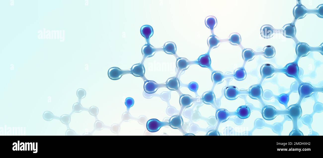 Molekulargitter, Nanostruktur und Mikrobiologie. Abstraktes Molekülmodell. Wissenschaftliche Forschung, molekulare Chemie. 3D Abbildung auf einer leichten blu Stockfoto