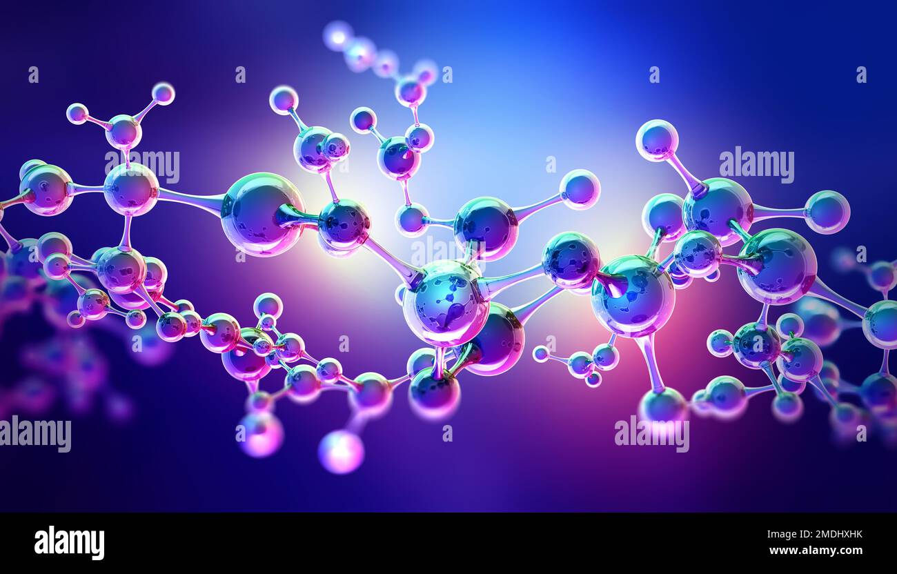 Abstraktes Modell eines Moleküls. Digitale Technologien in der Gentechnik. Kristallgitterstruktur. Forschung in der molekularen Synthese. 3D Abbildung Stockfoto