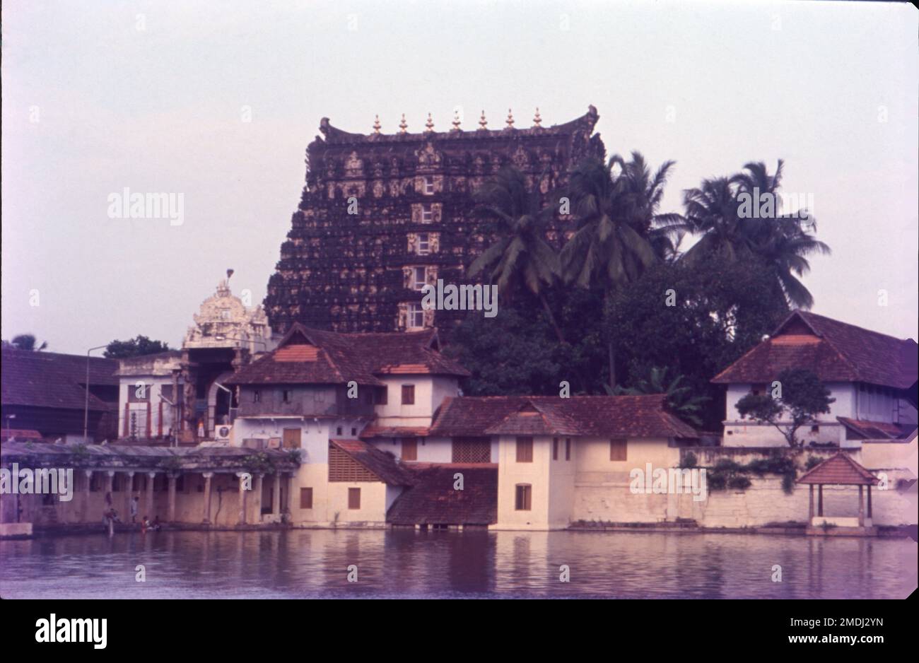 Der Shree Padmanabhaswamy Tempel ist ein hinduistischer Tempel in Thiruvananthapuram, der Hauptstadt des Bundesstaates Kerala, Indien. Der Name der Stadt „Thiruvananthapuram“ in Malayalam und Tamil bedeutet übersetzt „die Stadt von Lord Ananta“. Der Tempel Sree Padmanabhaswamy ist bekannt für seine Schönheit und Pracht. Es ist Lord Vishnu gewidmet und einer der 108 heiligen Vishnu-Tempel oder „Divya Deshams“ in Indien. Der große König von Travancore, Marthanda Varma, hat es renoviert. Dravidianische Architektur, Architektur von Kerala Stockfoto