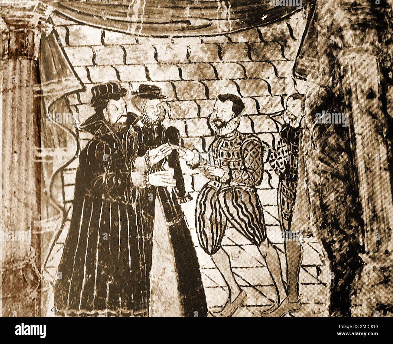 Britische Pubs Inns und Tavernen - ein altes Wandgemälde, das die Geschichte von Tobit erzählt, das hinter der Täfelung im Swan, Stratford on Avon, entdeckt wurde (Bild von 1940). Das Buch Tobit, auch bekannt als das Buch der Tobias oder das Buch der Tobi, ist ein jüdisches Werk aus dem 2. / 3. Jahrhundert v. Chr., das zeigt, wie Gott die Gläubigen testet Stockfoto