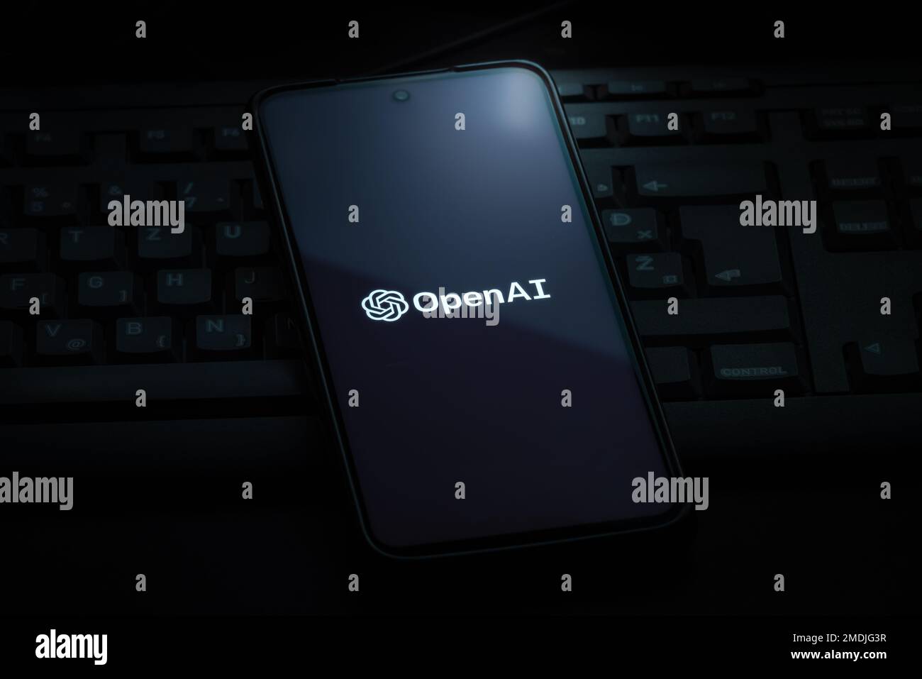 Ljubljana, Slowenien - 21. Januar 2023: OpenAI-Logo auf Smartphone-Bildschirm auf Computertastatur Stockfoto