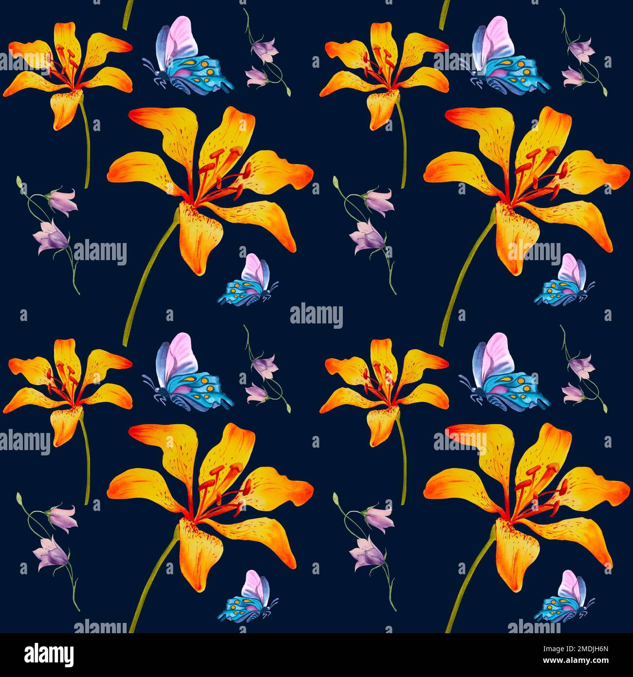 Ein Muster aus Lilien, Blauen und Schmetterlingen auf blauem Hintergrund. Aquarelldarstellung. Feiertage. Internationaler Frauentag Stockfoto