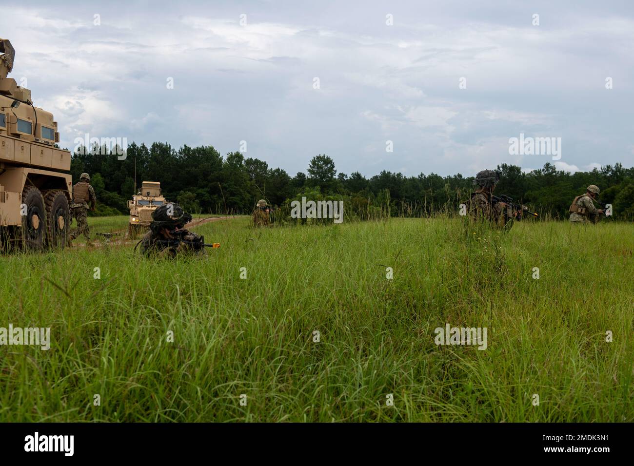 CAMP SHELBY, Miss. (25. Juli 2022) Seebäume, die dem mobilen Baubataillon der Marine (NMCB) 1 zugeteilt sind, und Marines, die dem Stützschwadron der Marine Wing (MWSS) 273 zugeteilt sind, stehen während einer Streckenaufklärungsübung während des Wendepunkts der Operation Wende Wache, auch bekannt als Übung für die Ausbildung vor Ort. Der Wendepunkt der Operation ist eine rund um die Uhr stattfindende Übung, bei der der Schwerpunkt auf dem Aufbau fortschrittlicher Grundlagen liegt, während gleichzeitig die Fähigkeit zur Taktik und Überlebensfähigkeit gewahrt bleibt. NMCB 1 wird aus Gulfport Homeportiert, Miss. Sie führen ein intensives Homeport-Training durch, um ihre Fähigkeiten zu erweitern Stockfoto