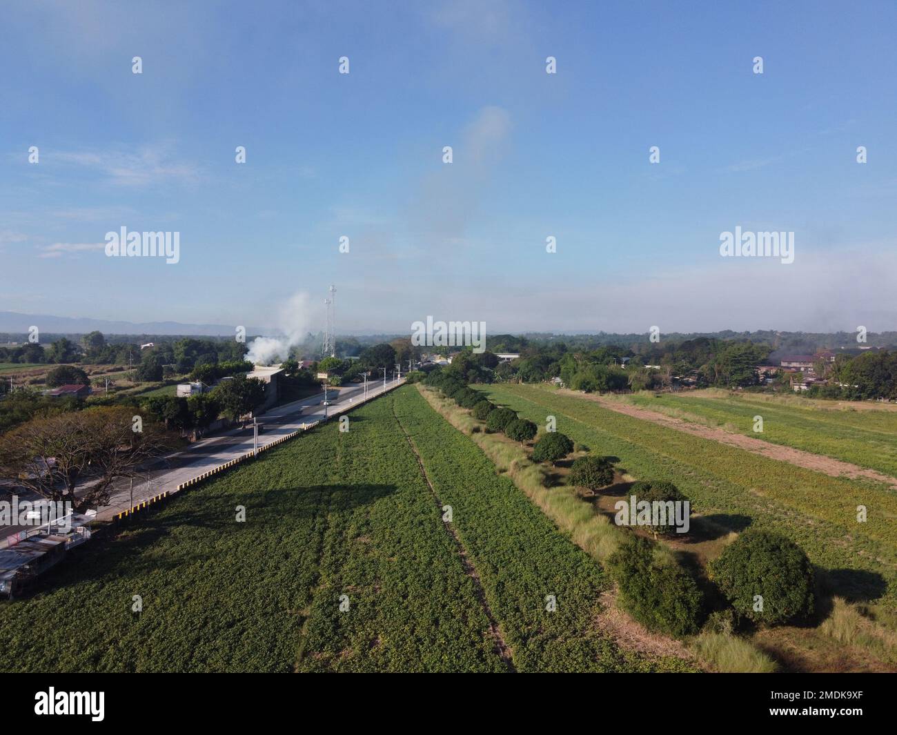 Aufnahme von Drohnenbildern über einem Raucherfeld und einer Landschaftslandschaft Stockfoto