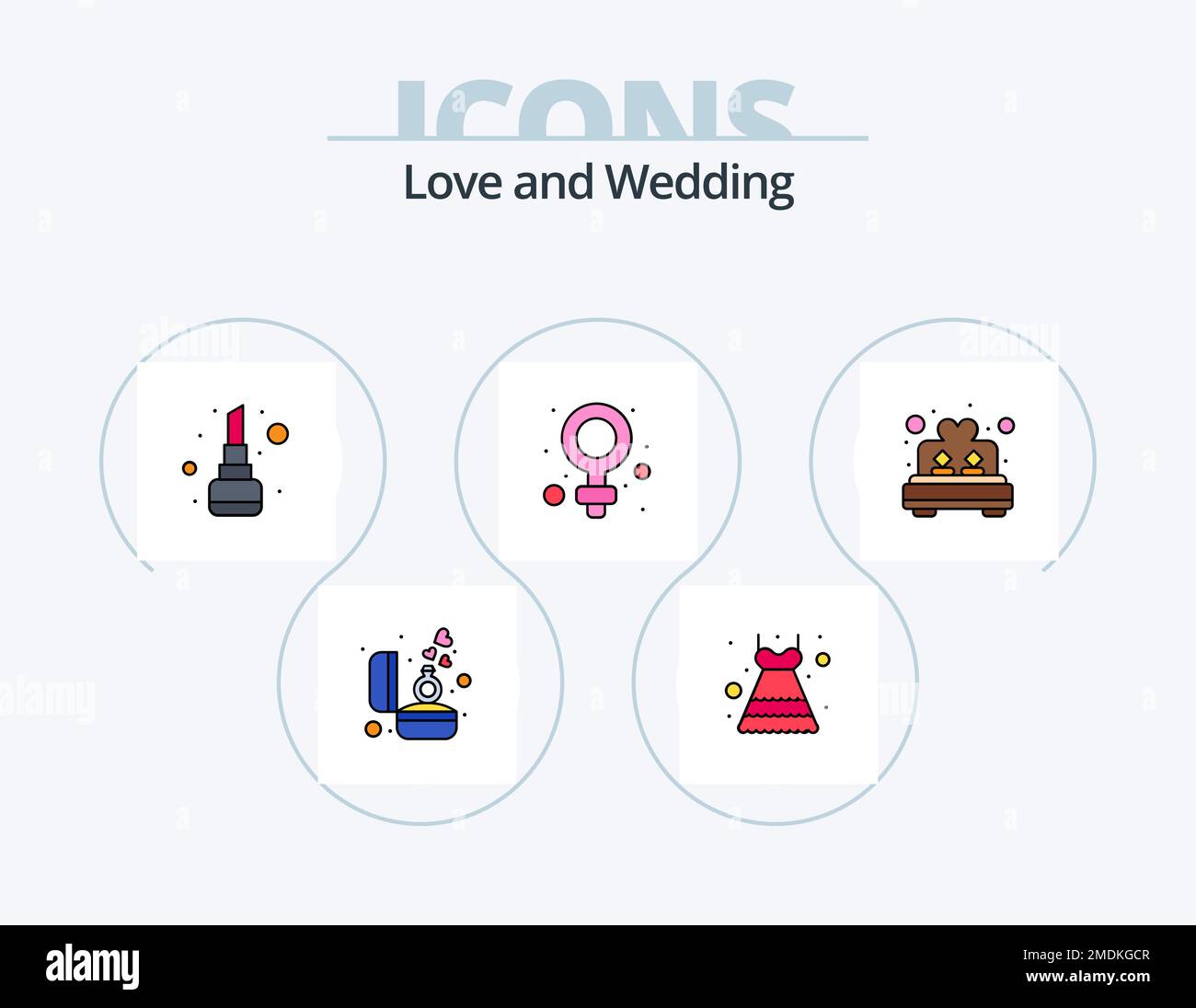 Hochzeitslinie Gefüllt Icon Pack 5 Icon Design. Ziehen Sie sich an. Bild. Hochzeitswagen. Foto. Liebe Stock Vektor