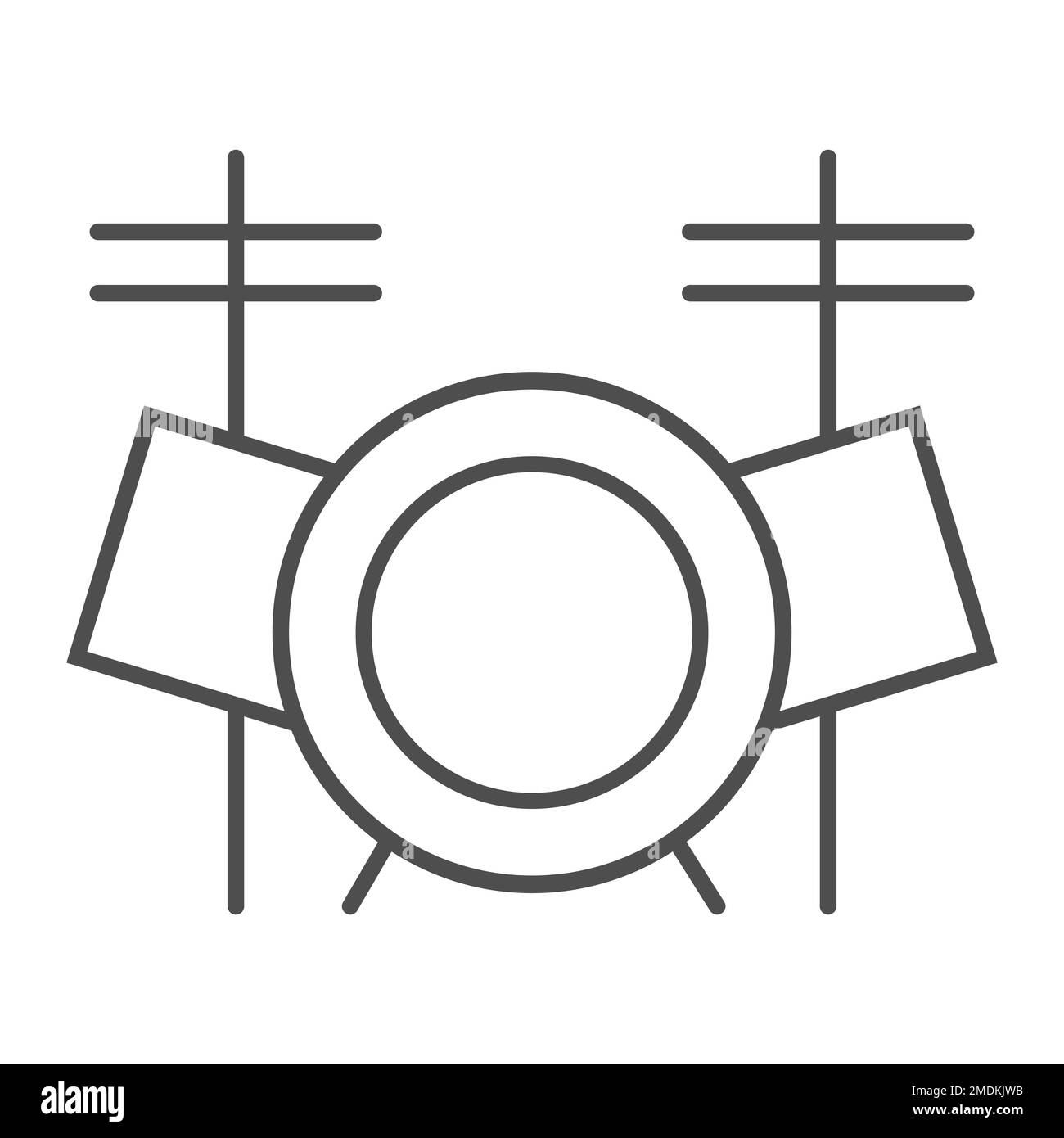 Trommelset dünnes Liniensymbol, Musik und Instrument, Trommelkit-Schild, Vektorgrafiken, lineares Muster auf weißem Hintergrund, eps 10. Stock Vektor