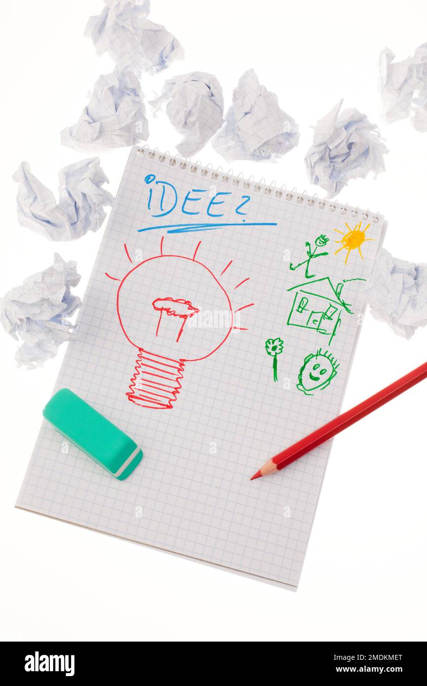 Blatt Papier mit dem Wort Idee und einer Zeichnung einer elektrischen Glühlampe Stockfoto