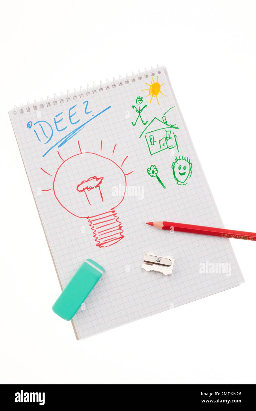 Blatt Papier mit dem Wort Idee und einer Zeichnung einer elektrischen Glühlampe Stockfoto
