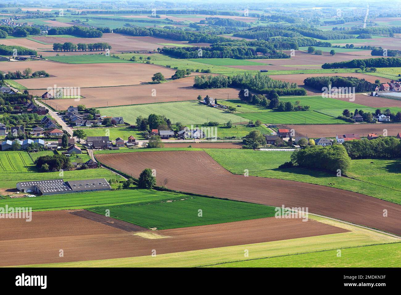 Dörfer und Bauernhöfe in einer Feldlandschaft im Frühjahr, Luftfoto, Belgien, Vlaams-Brabant, Demerbroeken, Zichem Stockfoto