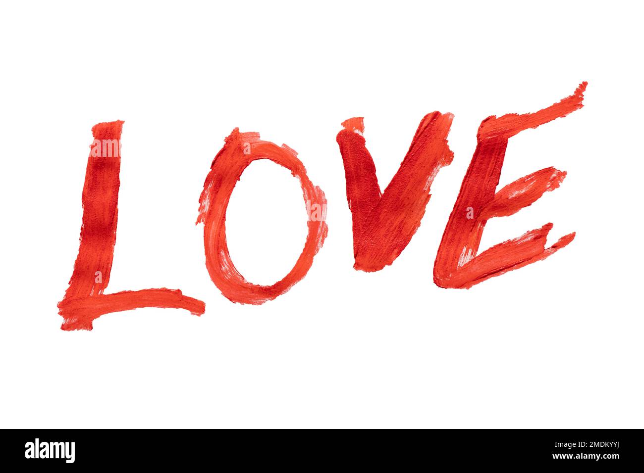 Das Wort Liebe in roter Farbe auf weißem Hintergrund, Liebestext, Postkarte Stockfoto