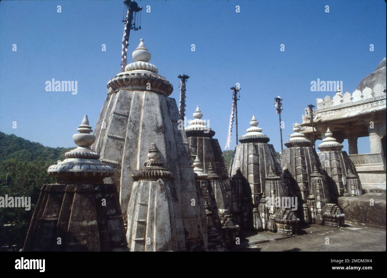 Ranakpur Jain Tempel oder Chaturmukha Dharana Vihara ist ein Śvētāmbara Jain Tempel in Ranakpur, der Tirthankara Rishabhanatha gewidmet ist. Der Tempel befindet sich in einem Dorf von Ranakpur in der Nähe der Stadt Sadri im Pali-Viertel von Rajasthan. Der Tempel ist berühmt für sein wunderschönes, geschnitztes Idol von Parshvanatha aus einer einzigen Marmorplatte. Das Idol hat 1008 Schlangenköpfe und zahlreiche Schwänze. Zwei Chauri-Träger und Yaksha und yakshi, halb Mensch und halb Schlange, stehen auf beiden Seiten. Es gibt zwei Elefanten, die Parshvanatha reinigen. Stockfoto