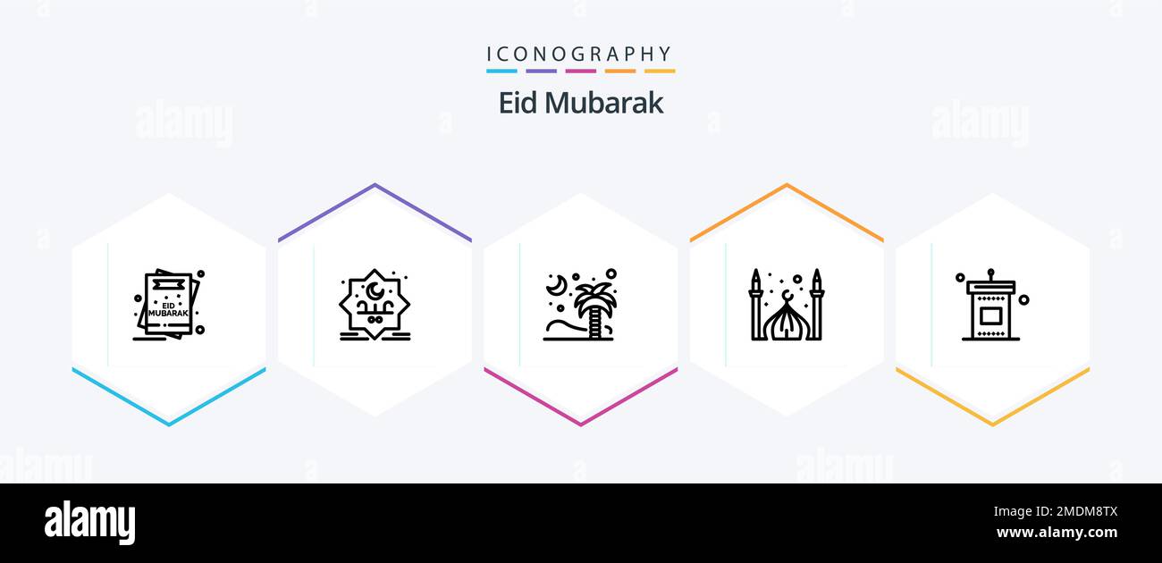 Eid Mubarak 25 Line Icon Pack mit Mond. masjid. Stempel. Moschee. islamisch Stock Vektor