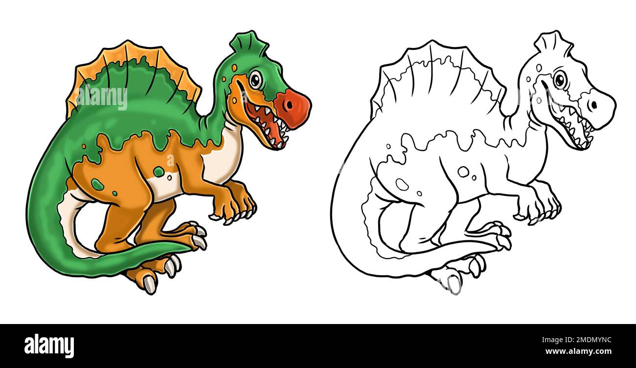 Süße Dinosaurier Spinosaurus zum Ausmalen. Vorlage für ein Malbuch mit lustigem Dinosaurier. Malvorlage für Kinder. Stockfoto