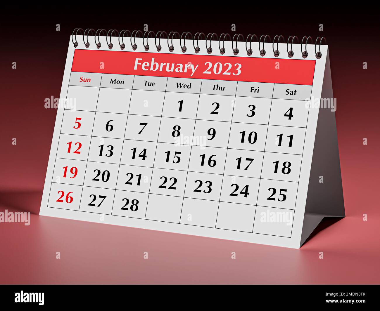 Eine Seite des monatlichen Kalenders des jährlichen Business Desks. Datum – Monat Februar 2023. 3D-Rendering Stockfoto