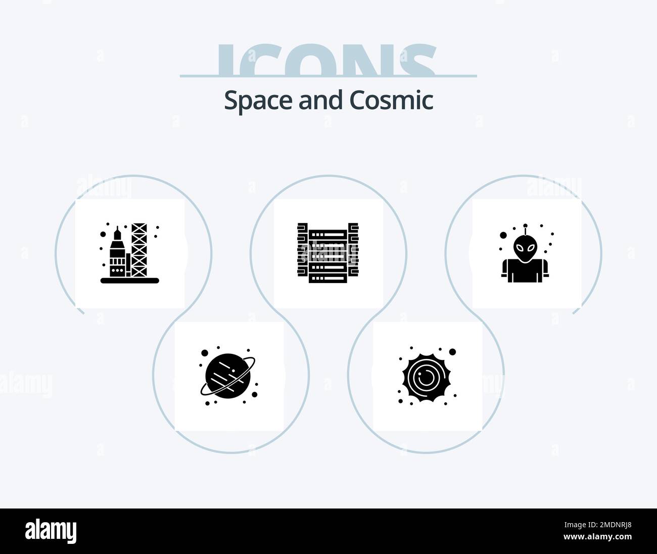 Space Glyph Icon Pack 5 Icon Design. Leerzeichen. Außerirdischer. Rakete. Server. Daten Stock Vektor