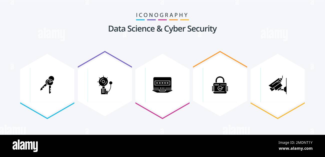 Data Science und Cyber Security 25-Glyph-Symbolpaket einschließlich Kamera. Sicherheit. Eindringling. Vorhängeschloss. Sicherheit Stock Vektor