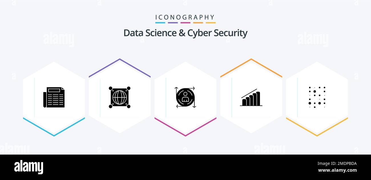 Data Science und Cyber Security 25-Glyph-Symbolpaket einschließlich struktureller Daten. Unstrukturiert. Vorhersage. Analyse. Fortschritt Stock Vektor