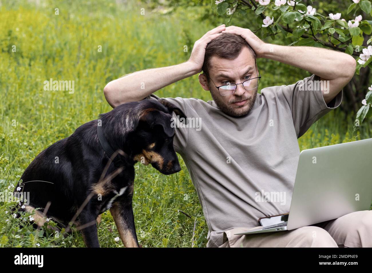 Mann und Hund schauten mit erstaunlichen Emotionen auf den Bildschirm des Laptops und schockierten den Gesichtsausdruck mit dem Kopf in den Händen, während sie draußen auf grünem Gras saßen. Stockfoto